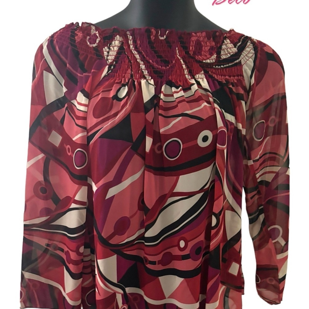 DECO Sheer Off the Shoulder Art Deco‎ Long Sleeve blouse Cranberry Black SZ L